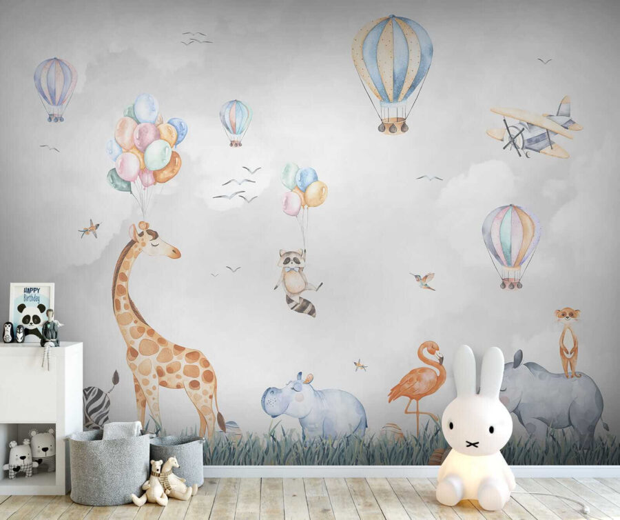 Mural de parede com animais e balões