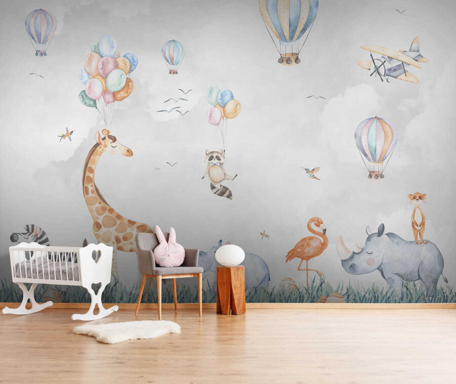Mural de parede com animais e balões