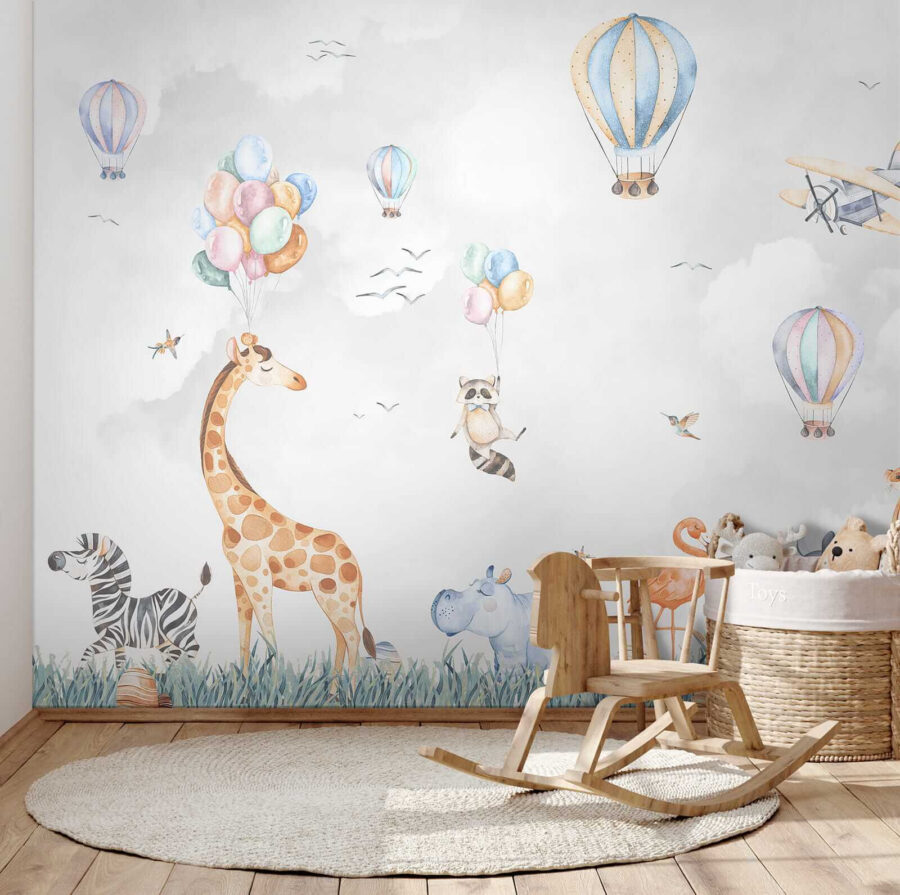 Mural de parede com animais e balões