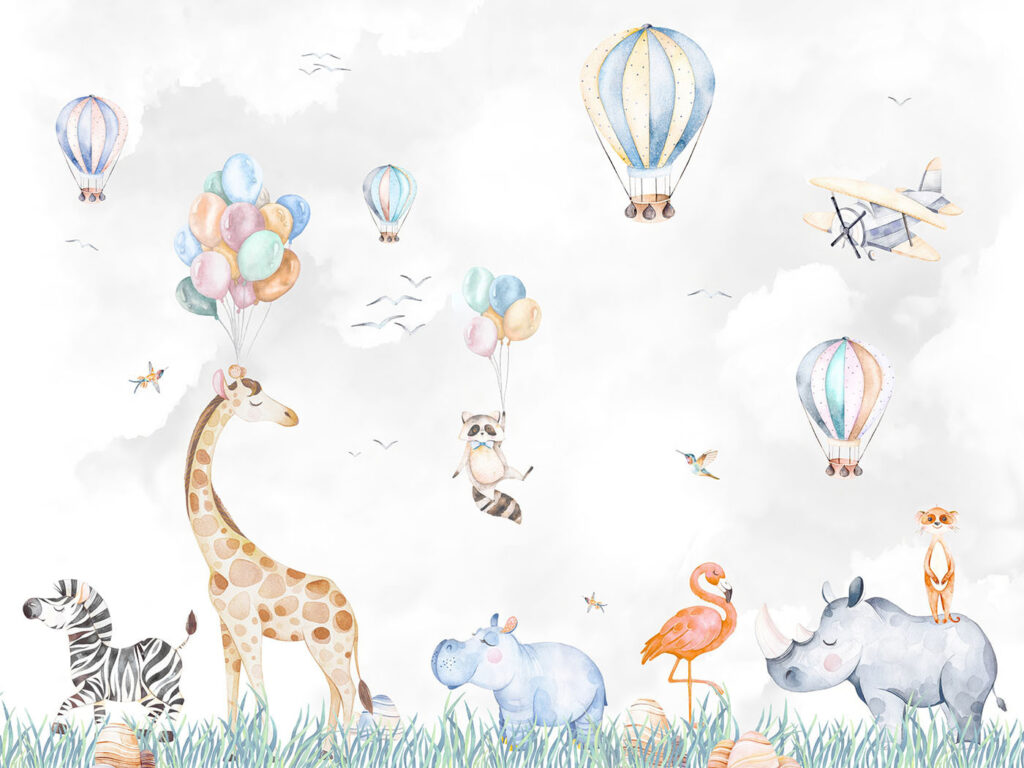 Mural de parede com animais e balões Mural de parede com animais e balões