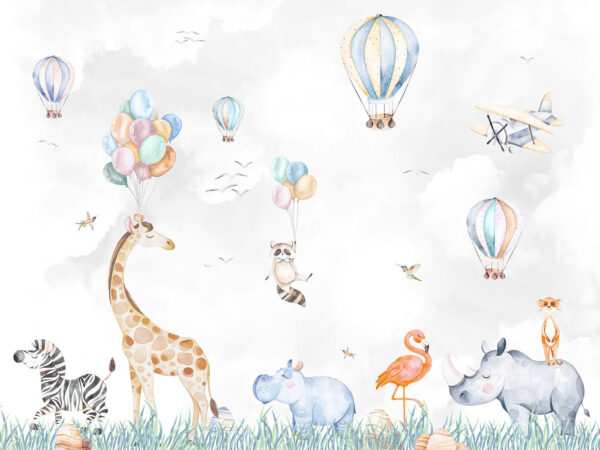 Mural de parede com animais e balões Mural de parede com animais e balões