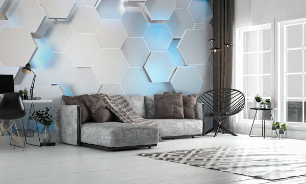 Hexágonos brancos com luzes azuis Hexágonos brancos com luzes azuis