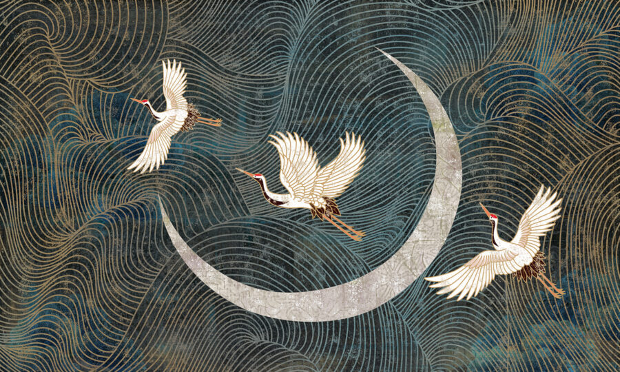 Pintura de pássaros a voar sobre uma lua crescente