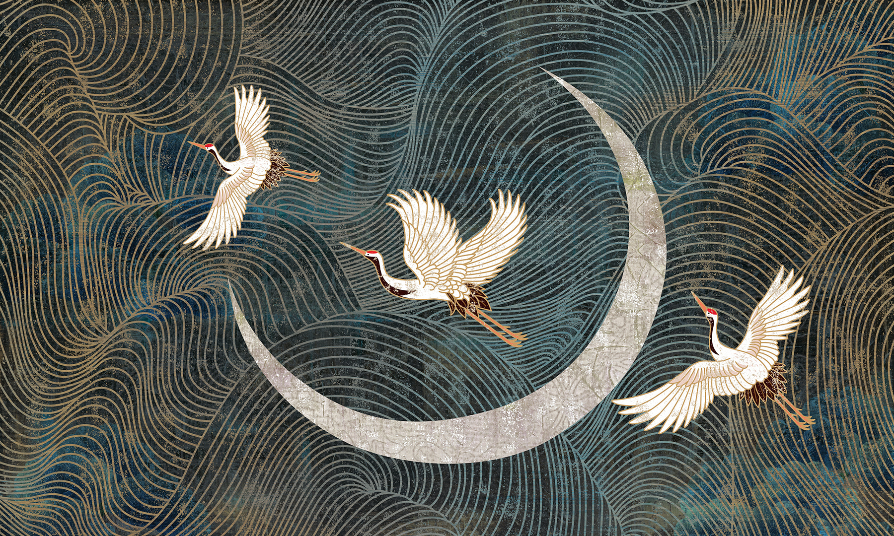 Painting of birds flying over a crescent moon Painting of birds flying over a crescent moon