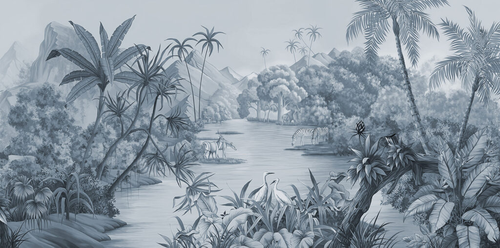 Um rio com zebras e montanhas Um rio com zebras e montanhas
