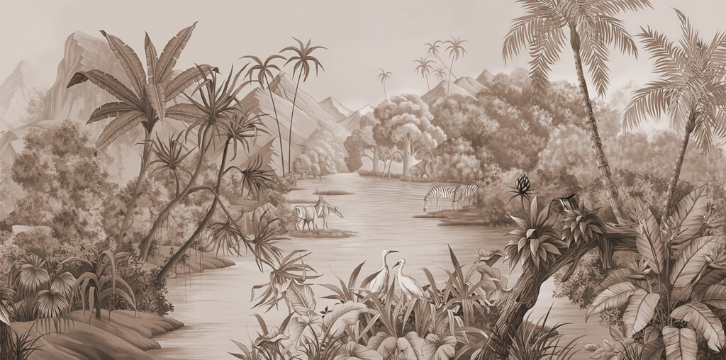 Um rio com zebras e montanhas Um rio com zebras e montanhas