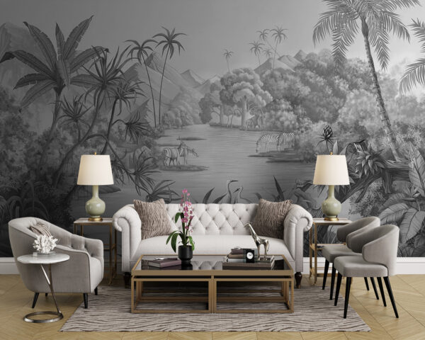 Rio com zebras e montanhas Rio com zebras e montanhas