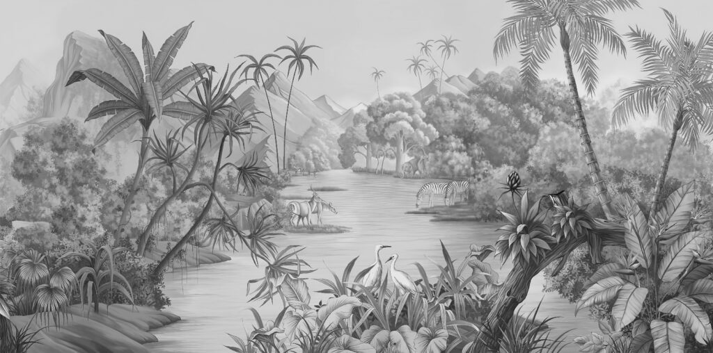Rio com zebras e montanhas Rio com zebras e montanhas