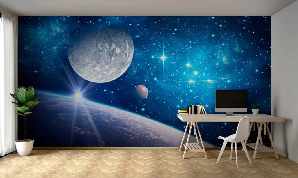 Planet and moon in space