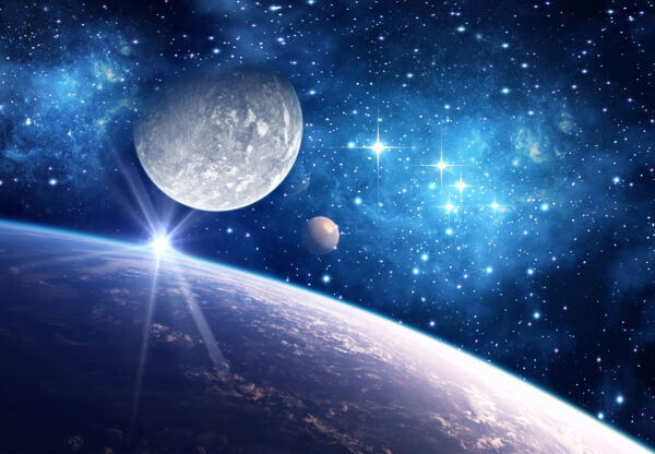 Planeta e lua no espaço Planeta e lua no espaço