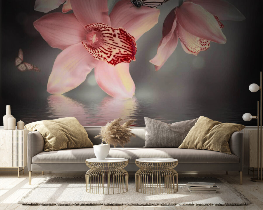 Papel de parede Orquídeas cor-de-rosa e borboletas num ramo