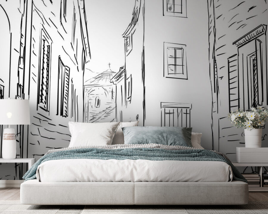 Desenho de uma rua com edifícios