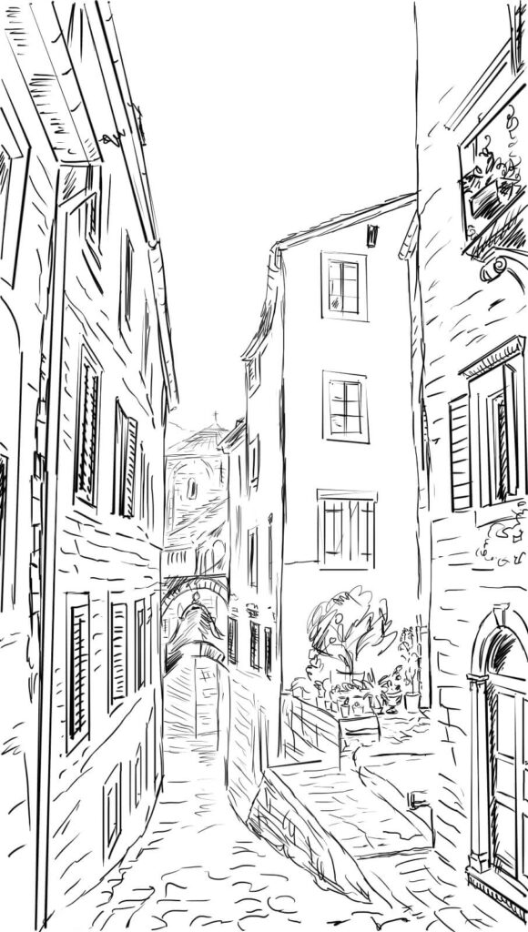 Desenho de uma rua com edifícios Desenho de uma rua com edifícios