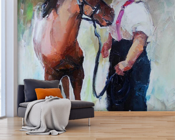 Pintura de uma rapariga a beijar um cavalo Pintura de uma rapariga a beijar um cavalo