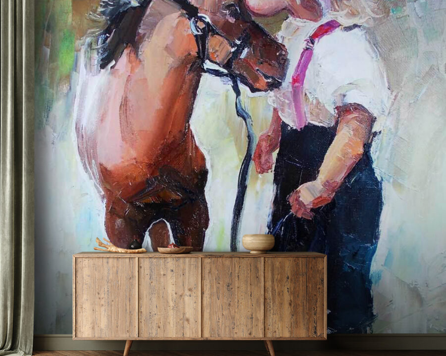 Papel de parede Pintura de uma rapariga a beijar um cavalo