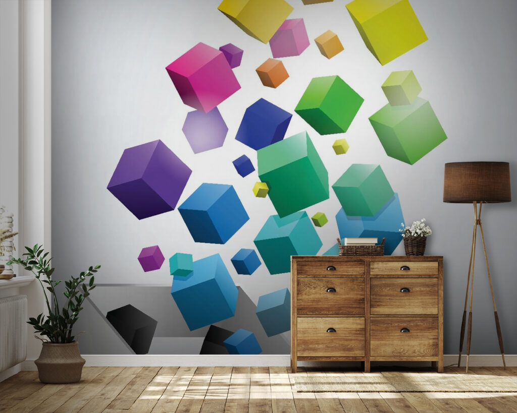 Colorful cubes falling into a box