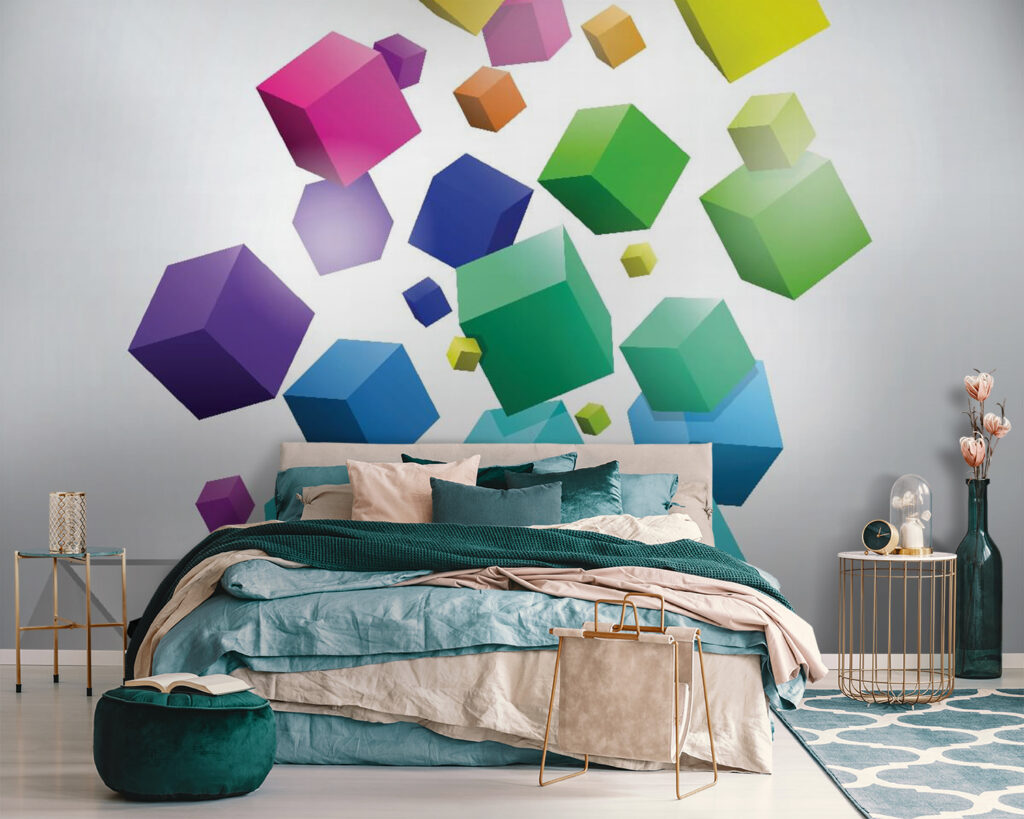 Colorful cubes falling into a box