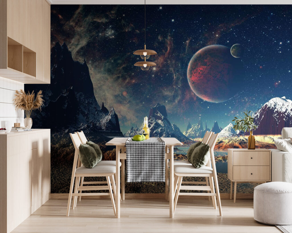 Landscape of mountains and water with planets and stars Landscape of mountains and water with planets and stars