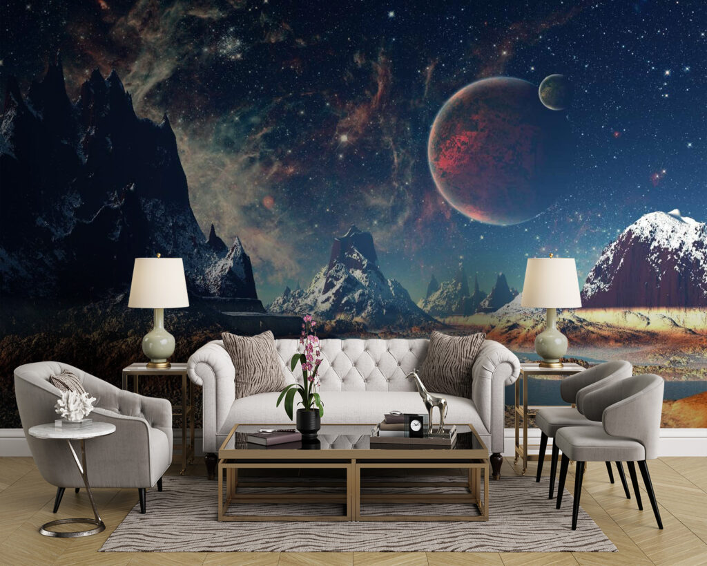 Landscape of mountains and water with planets and stars Landscape of mountains and water with planets and stars