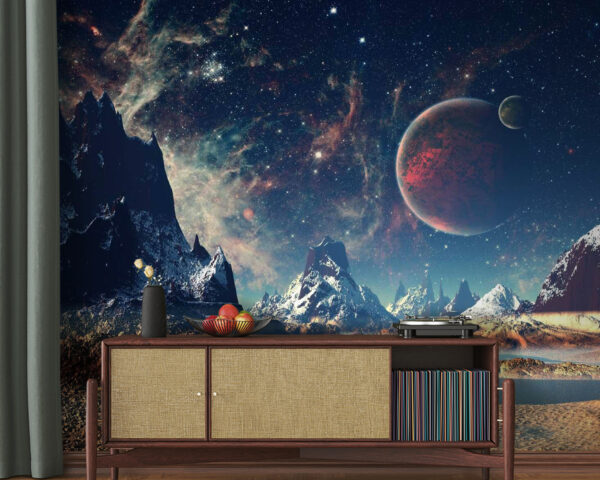 Landscape of mountains and water with planets and stars Landscape of mountains and water with planets and stars