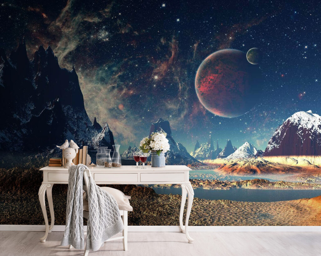 Landscape of mountains and water with planets and stars Landscape of mountains and water with planets and stars