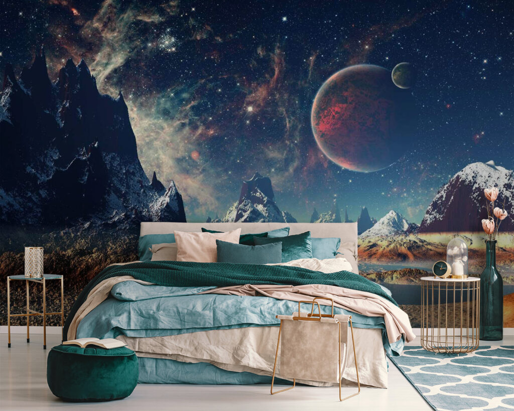 Landscape of mountains and water with planets and stars Landscape of mountains and water with planets and stars