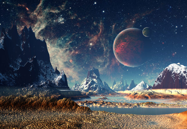 Landscape of mountains and water with planets and stars Landscape of mountains and water with planets and stars