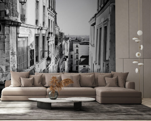 Rua com edifícios e um candeeiro de rua Rua com edifícios e um candeeiro de rua