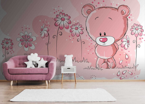 Urso de peluche cor-de-rosa com flores Urso de peluche cor-de-rosa com flores