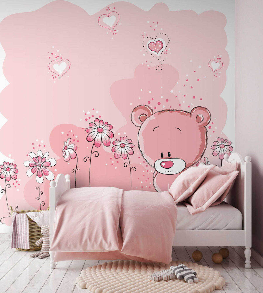 Urso de peluche cor-de-rosa com flores Urso de peluche cor-de-rosa com flores