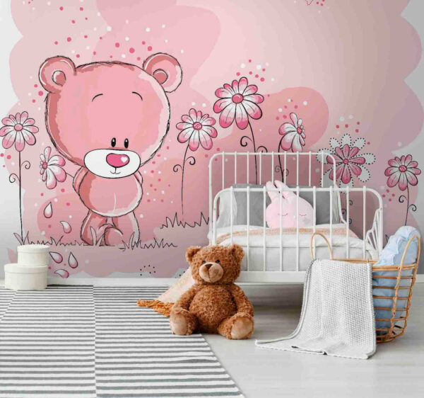 Urso de peluche cor-de-rosa com flores Urso de peluche cor-de-rosa com flores
