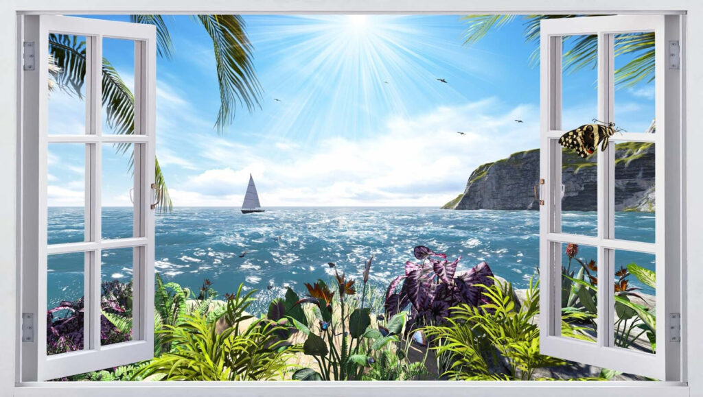 Janela com vista para o mar e para um veleiro Janela com vista para o mar e para um veleiro