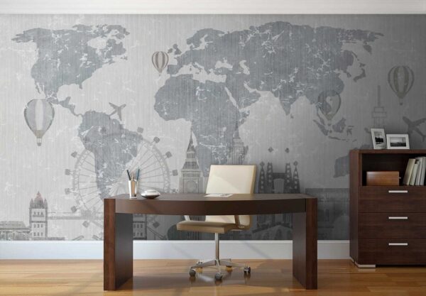 Mapa do mundo com edifícios e uma roda gigante Mapa do mundo com edifícios e uma roda gigante