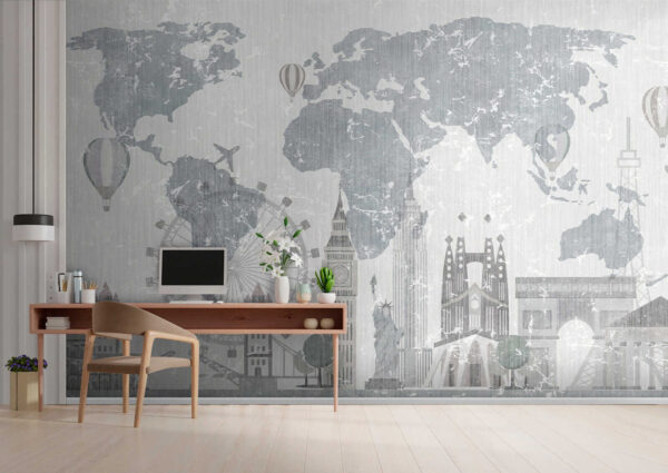 Mapa do mundo com edifícios e uma roda gigante Mapa do mundo com edifícios e uma roda gigante