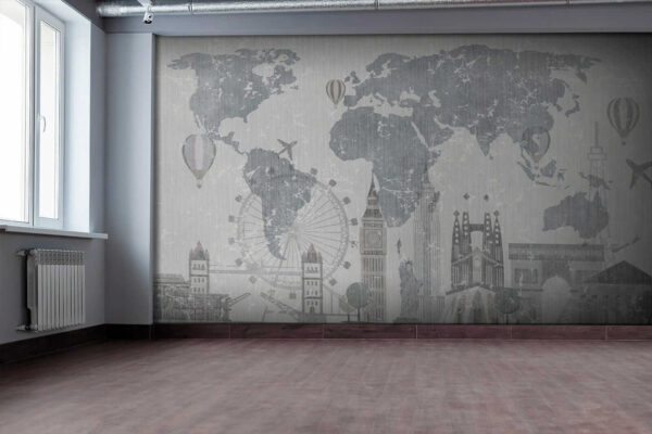 Mapa do mundo com edifícios e uma roda gigante Mapa do mundo com edifícios e uma roda gigante
