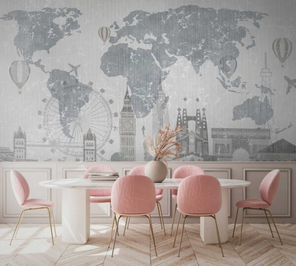 Mapa do mundo com edifícios e uma roda gigante Mapa do mundo com edifícios e uma roda gigante
