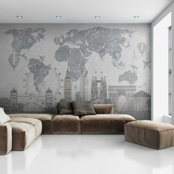 Mapa do mundo com edifícios e uma roda gigante Mapa do mundo com edifícios e uma roda gigante