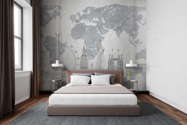 Mapa do mundo com edifícios e uma roda gigante Mapa do mundo com edifícios e uma roda gigante