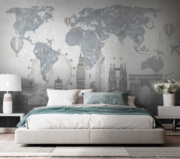 Mapa do mundo com edifícios e uma roda gigante Mapa do mundo com edifícios e uma roda gigante