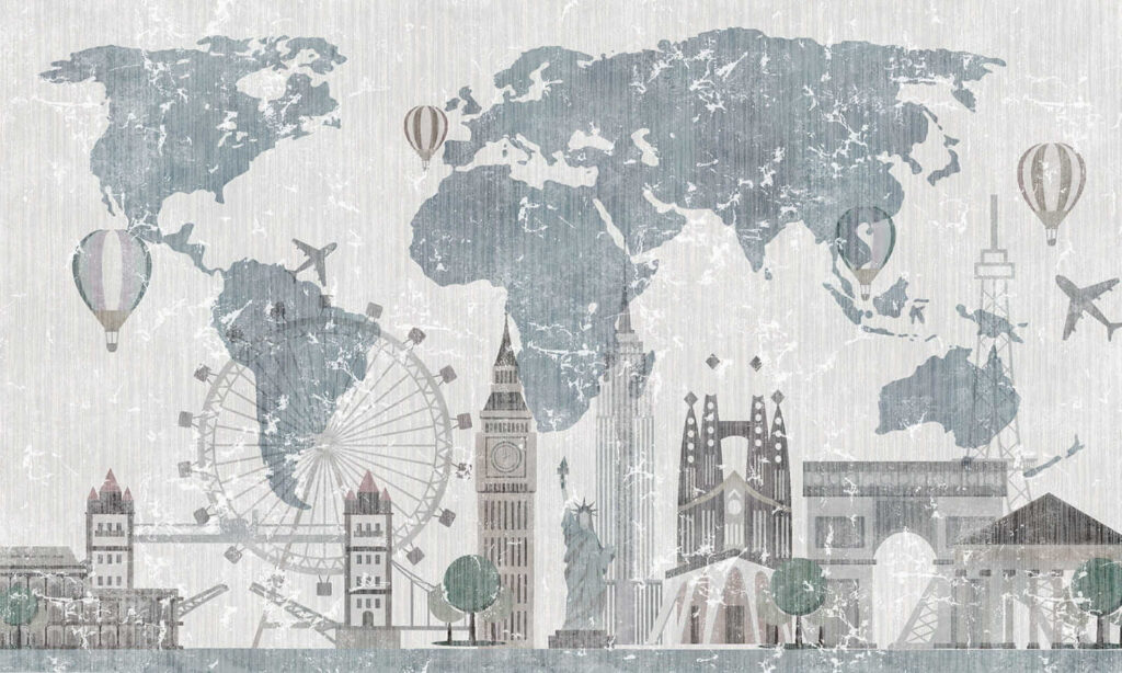 Mapa do mundo com edifícios e uma roda gigante Mapa do mundo com edifícios e uma roda gigante