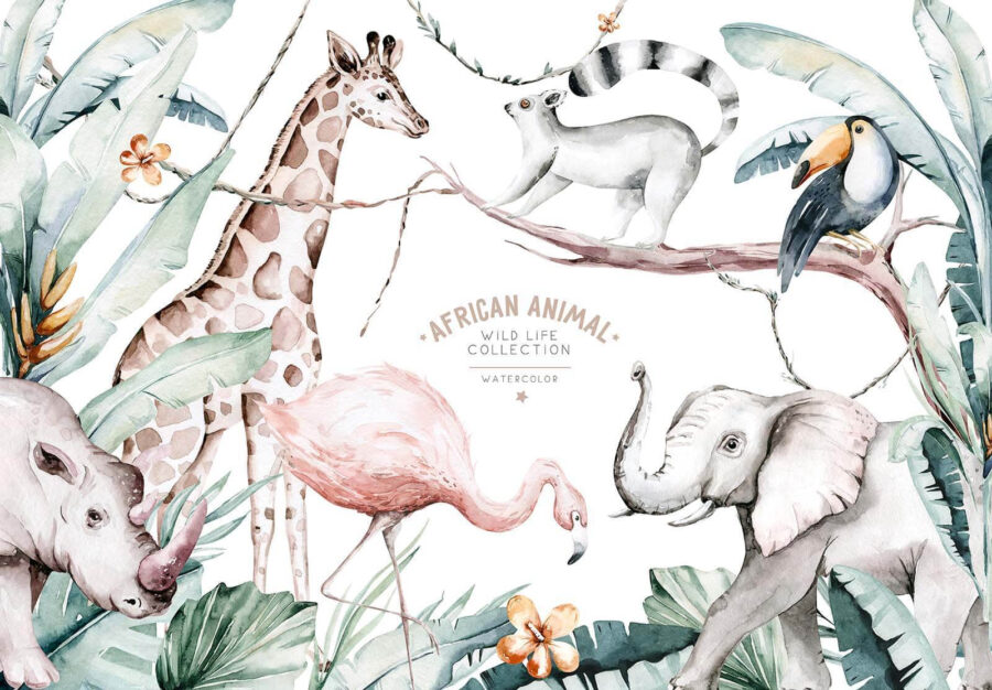 Ilustração em aguarela de animais e plantas