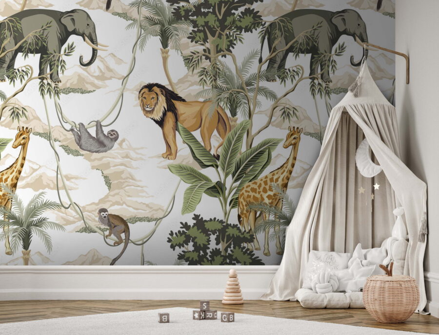 Papel de parede com animais e árvores