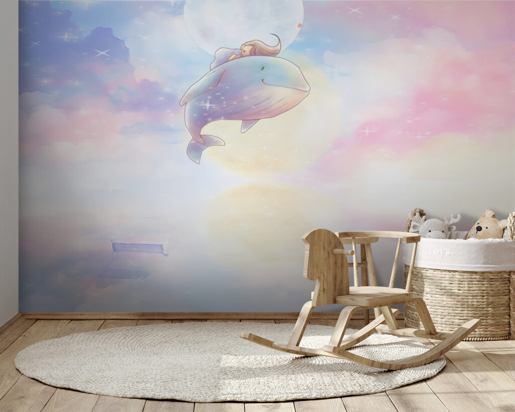 Cartoon of a girl riding a whale