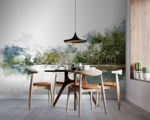 Papel de parede Aguarela de um lago com árvores e montanhas em fundo