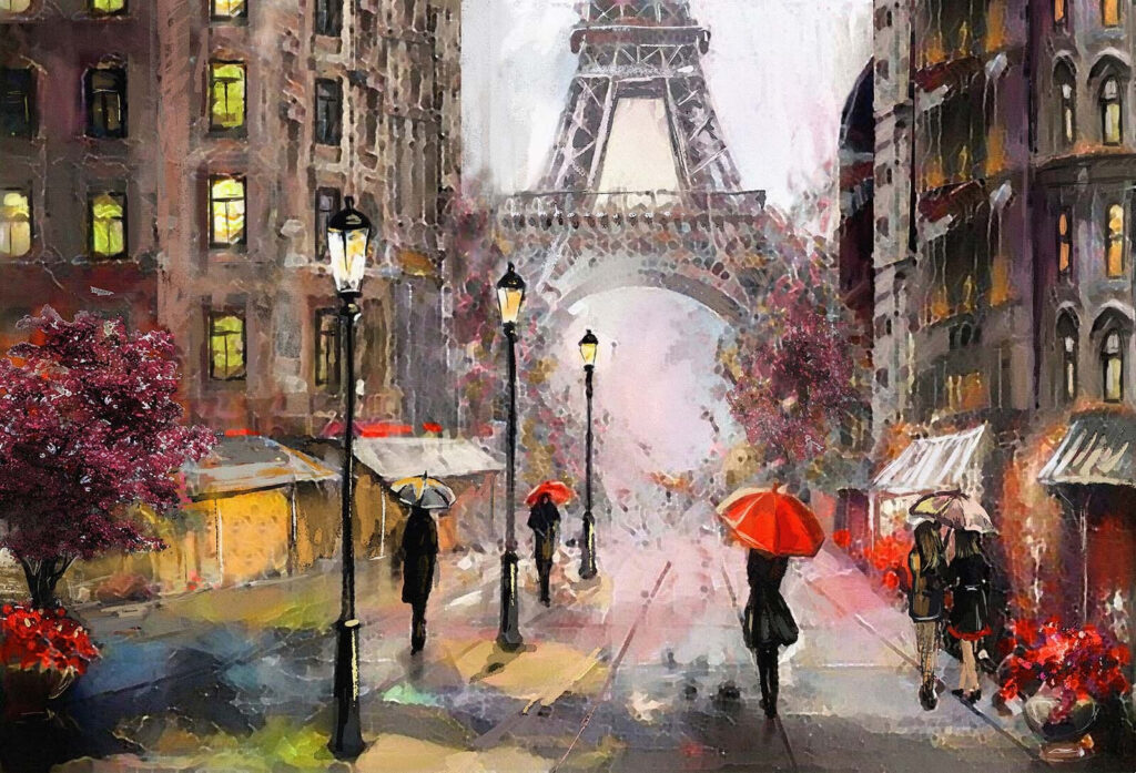 Pintura de pessoas a caminhar à chuva com guarda-chuvas Pintura de pessoas a caminhar à chuva com guarda-chuvas