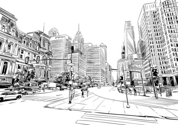Desenho de uma rua da cidade Desenho de uma rua da cidade