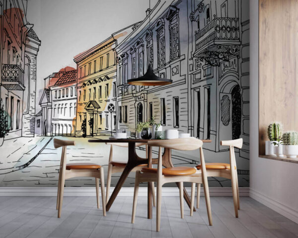 Desenho de uma rua com edifícios Desenho de uma rua com edifícios