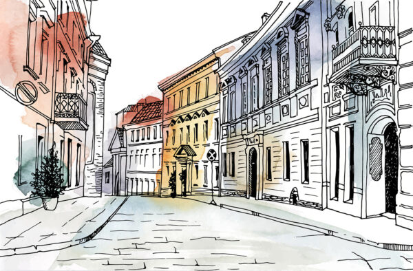 Desenho de uma rua com edifícios Desenho de uma rua com edifícios