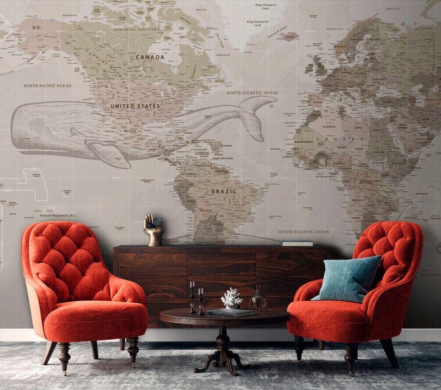 Mapa do mundo com baleias