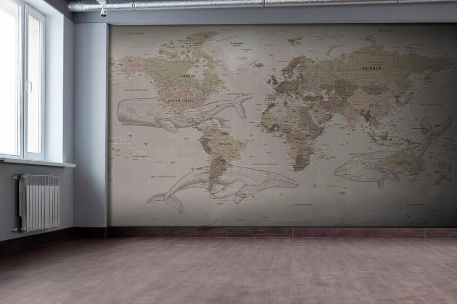 Mapa do mundo com baleias